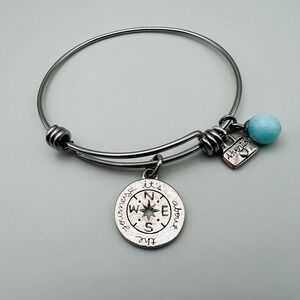 Compass‎ Charm Bangle Bracelet Silver Tone Adventure Travel Expandable Wire